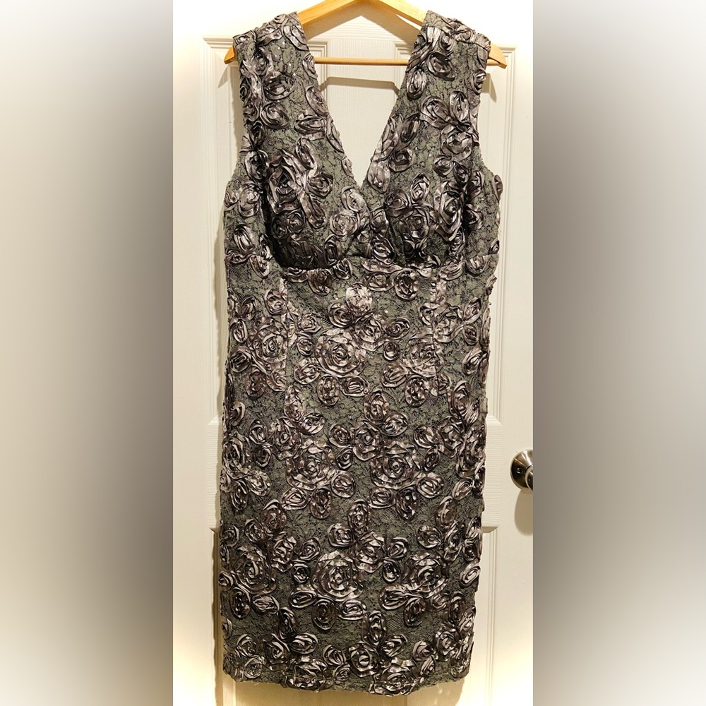 MARINA Olive Green Dress with Taupe Floral Appliqué